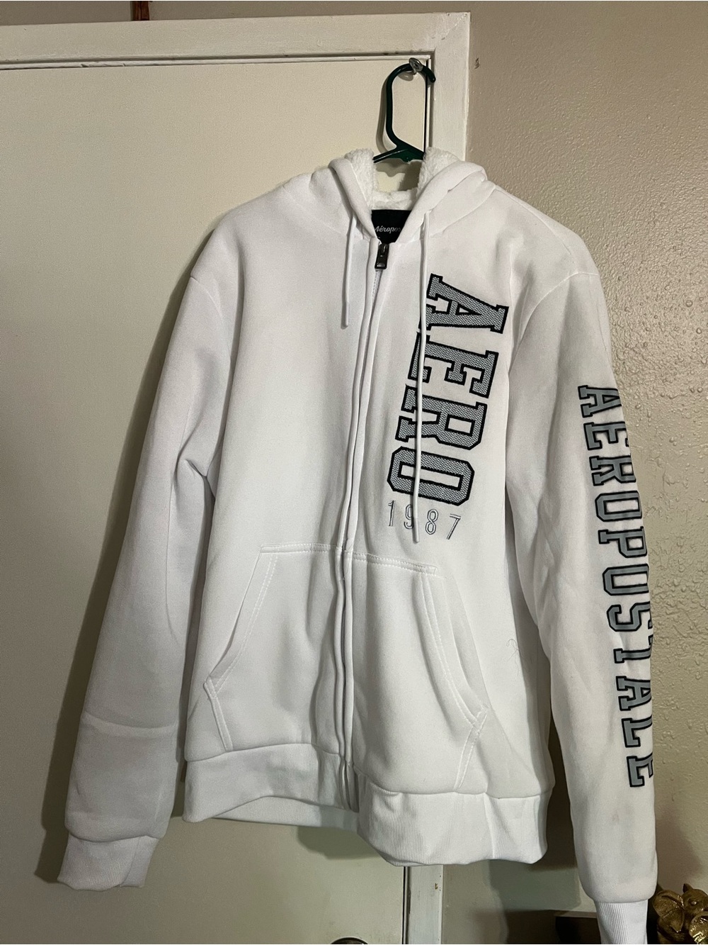 Aeropostale White Full-Zip Hoodie with Logo Sleeve